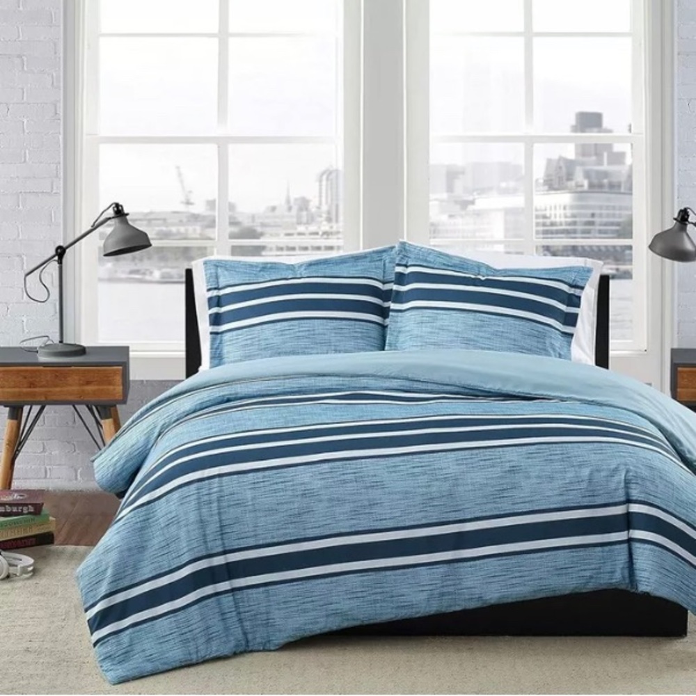 London Fog King 3 Pc Duvet Set New Blue Stripe Super Soft Hypo Allergenic